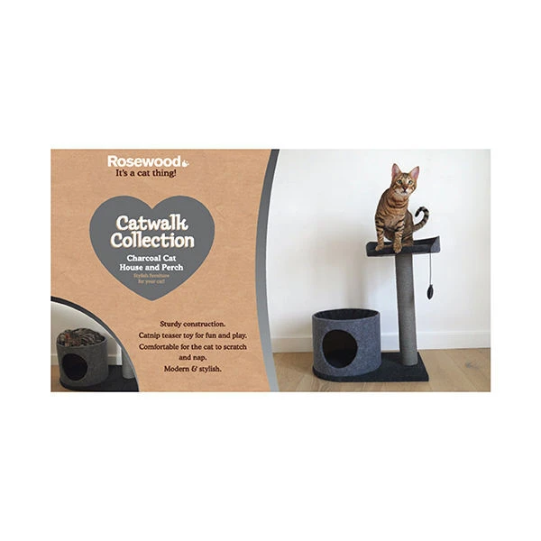 Rosewood Charcoal Felt Cat Scratch Post, House And Perch 4 Rosewood Charcoal Felt Cat Scratch Post, House And Perch - Image 2